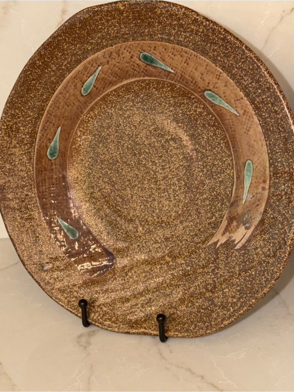 Handcrafted Pottery  Plate in Brown with Teal Accents